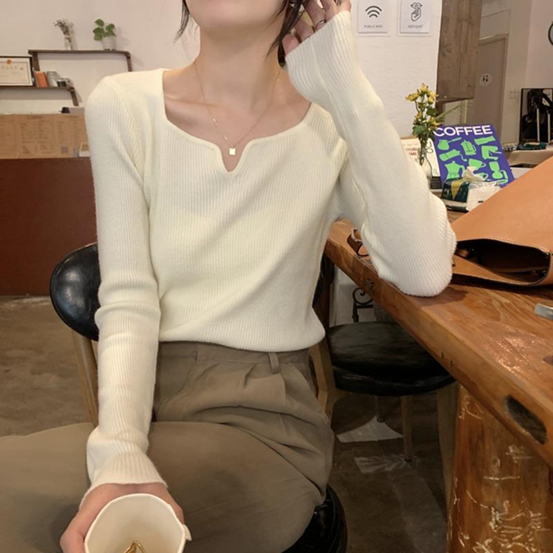 Fashion Square Collar Inner Knitted Pullover Bottoming Sweater Autumn Winter Slim Fit Office Loose Tops Knitwear V Neck Solid Basic Sweet Clothing