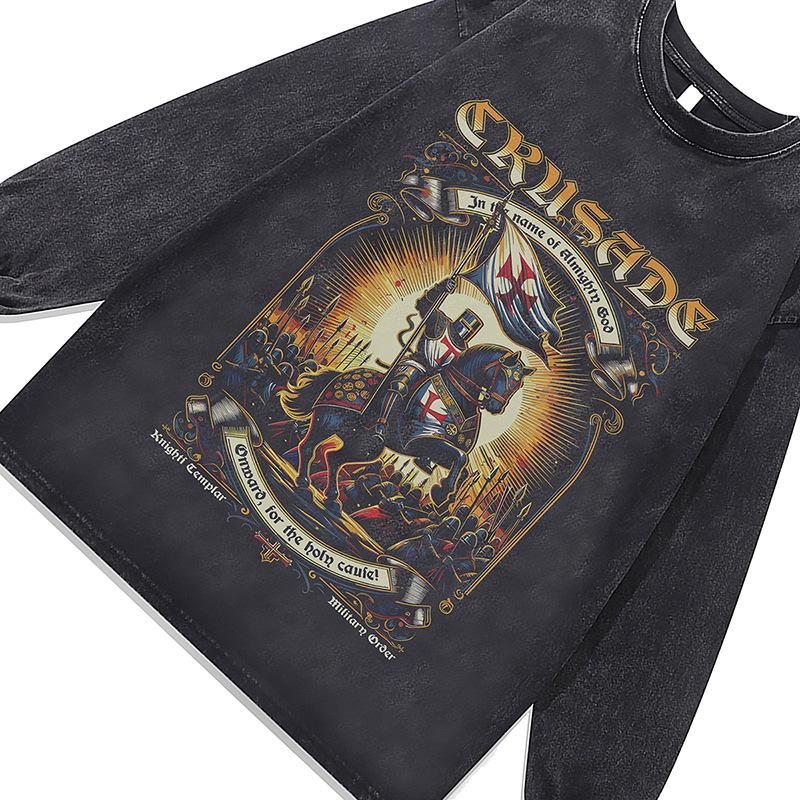 Cotton Washed Old Long-Sleeved T-Shirt High Street Retro Digital Direct Injection Printing Bottoming Shirt Top Men