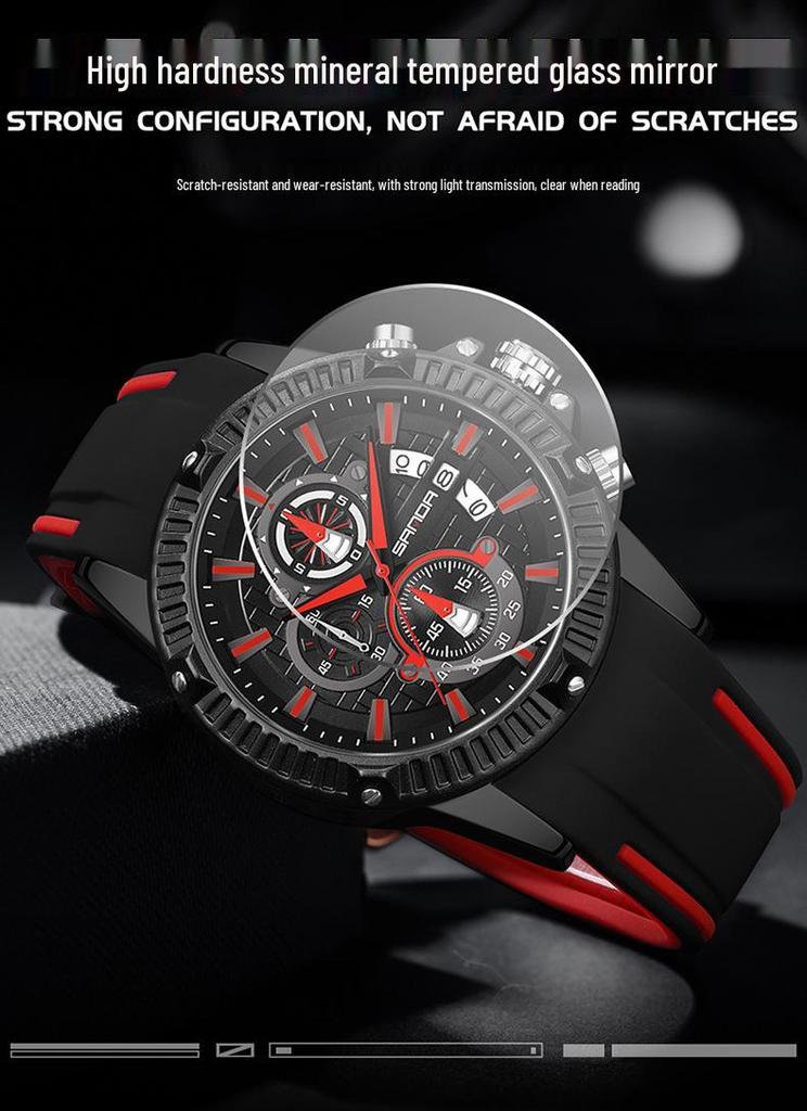 Sanda Men's Classic Quartz Wristwatch with Silicone Band, Three Sub-dials, Calendar & Luminous Markers.
