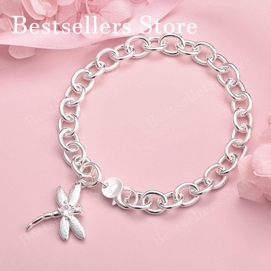 925 Sterling Silver 8-inch Exquisite Dragonfly Bracelet, Women's Fashion Wedding Party Accessories, Jewelry
