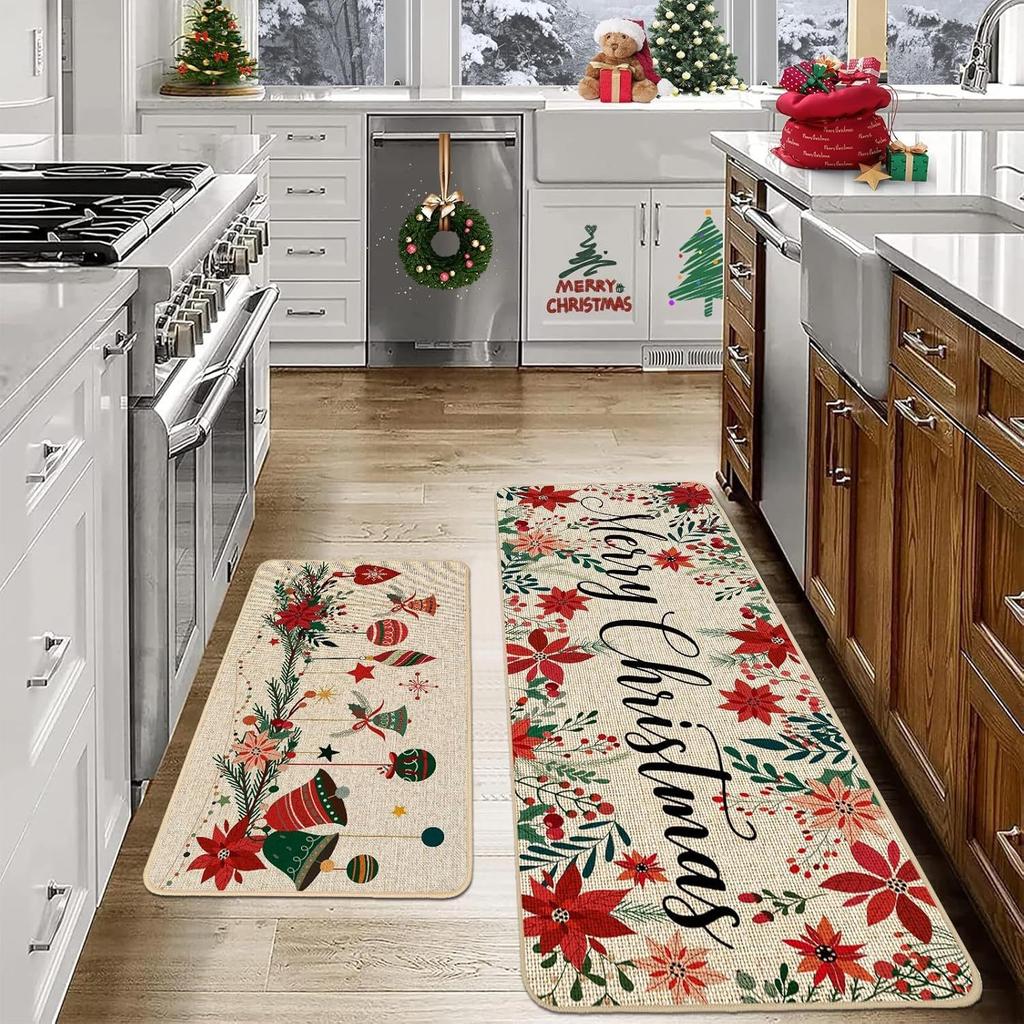 2pcs Christmas Atmosphere Floor Mat Non-slip Stain-resistant Bathroom Mat Kitchen Rug for Holiday Home Decoration