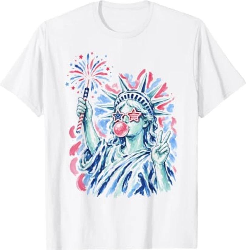 Statue of Liberty Blowing Bubble Women Patriotic 4th of July T-Shirt S