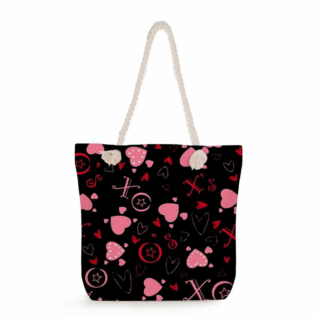 Multifunctional Valentine's Day Printed Thick Rope Shoulder Beach Bag Casual Large Capacity Handbag 0122