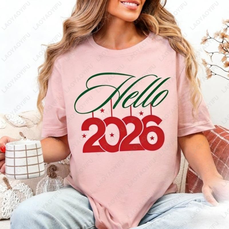

Hello 2026 New Years Eve Matching Unisex Adult Cotton Tee Festival Graphic Simple Style Regular Short Sleeve Lovers Clothes 4XL