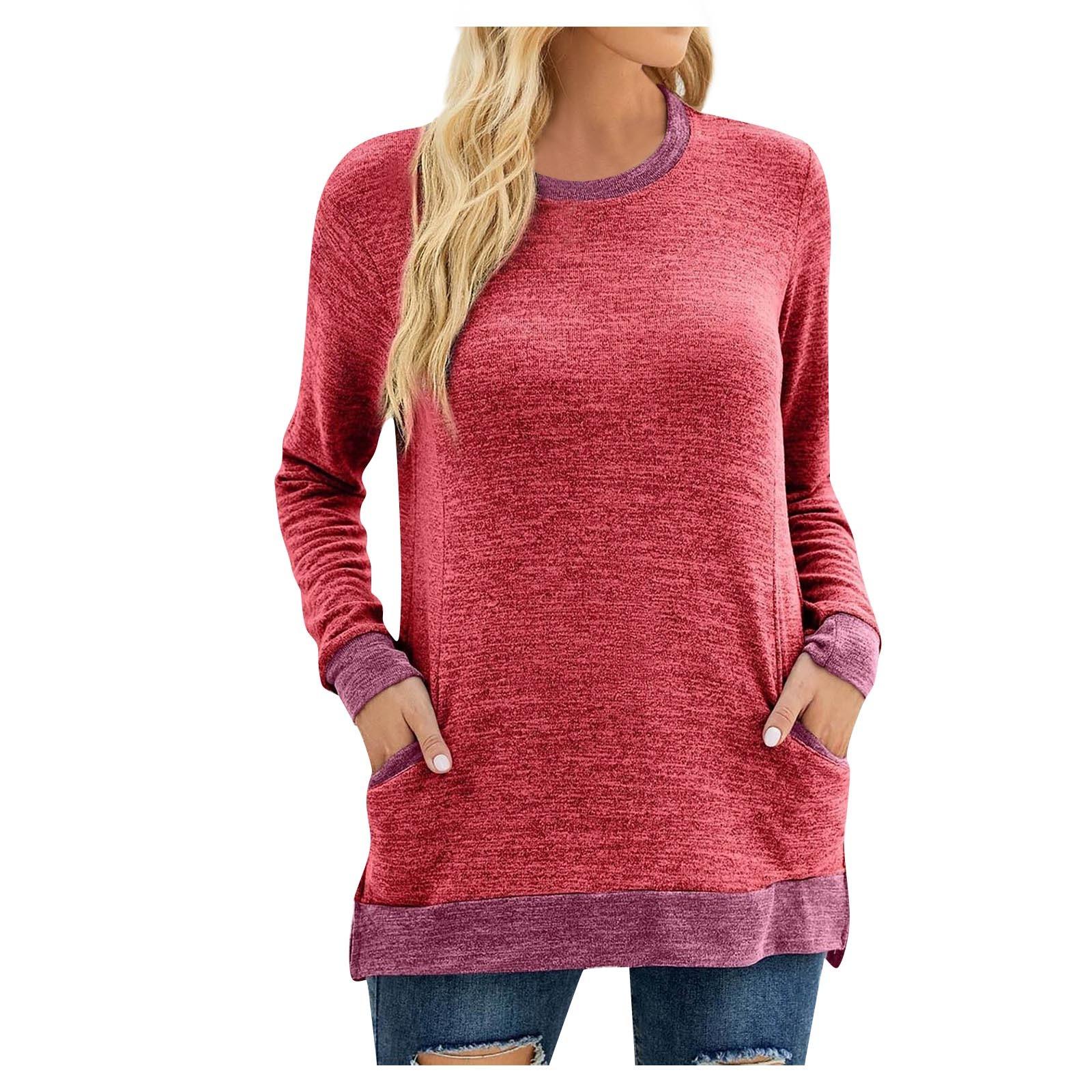 

(SU)Женский осенне-зимний повседневный свободный топ с длинными рукавами и круглым вырезом соответствующего цвета с карманами