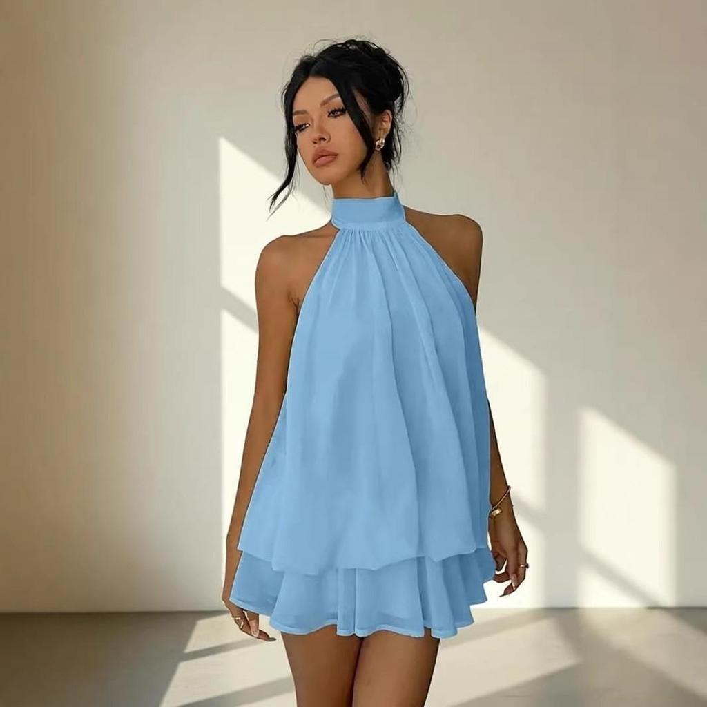 Cross-Border Women's Sexy Backless Halter Top & Fluffy Short Skirt Dress