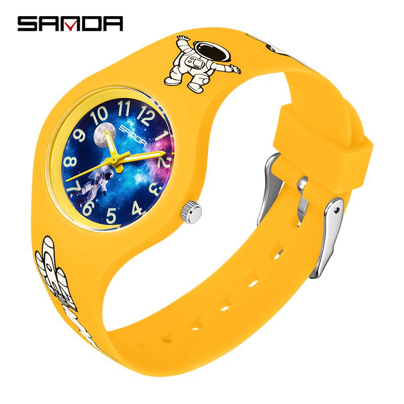 Sanda Kids  Waterproof Quartz Watch - Starry Sky Astronaut Cartoon Design, Luminous, Unisex for Primary Students