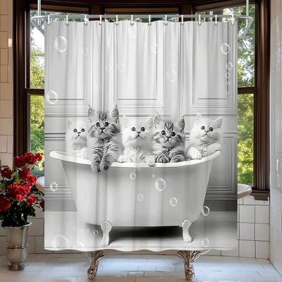 Cortina de Ducha de Gato Divertida Retro Lindo Gatito en Bañera Cortina de Ducha de Burbujas Tela Accesorios de Baño 180x180cm