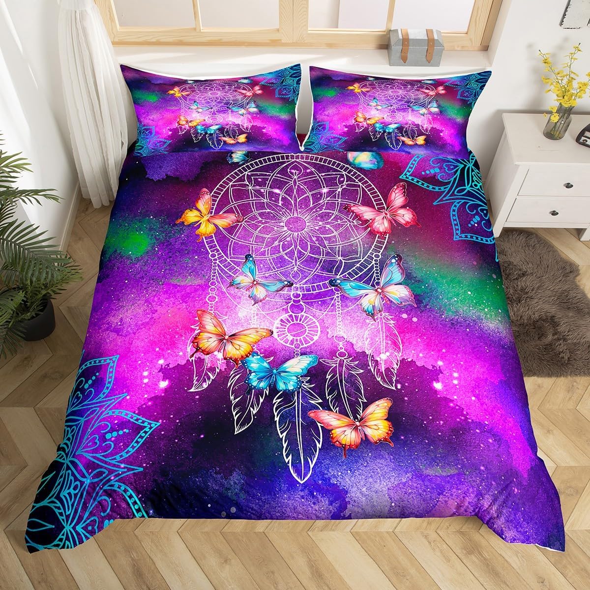 

Teal Purple Buterfly Soft Duvet Cover Quen King-Sized Dimensionsd Dimensions Floral Boho Decor Aesthetic Mplusala Beding Buterfly Print Set 3 Pcs 135*200cm Eu-Single