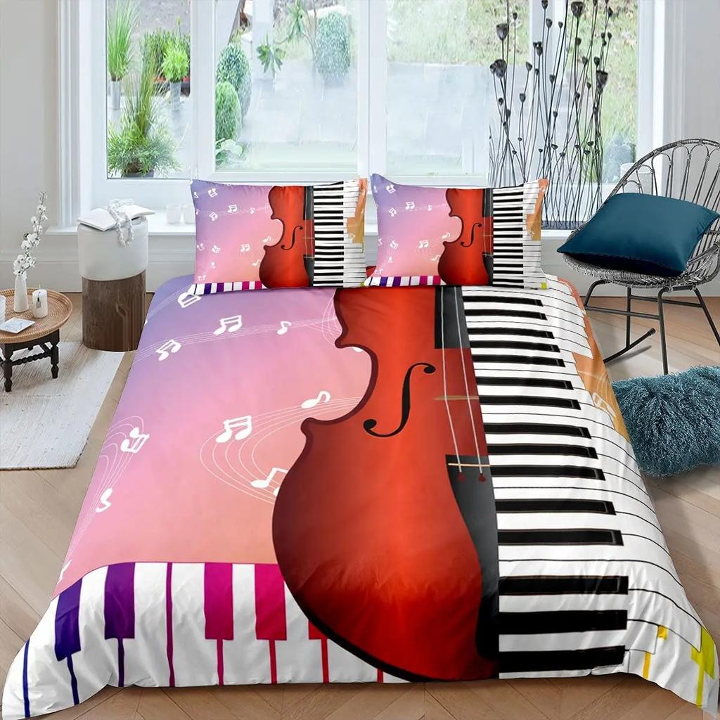 Guitar Duvet Cover Set King Queen Full Size Watercolour Style Polyester Comforter Cover for Kids Boys Girls Teens Bedding Set