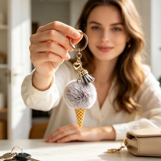 Ice Cream Pendant with Metal Ring Plush Keychain for Backpacks, Fluffy Cone Backpack Decoration Bag Charm, Decorative Women