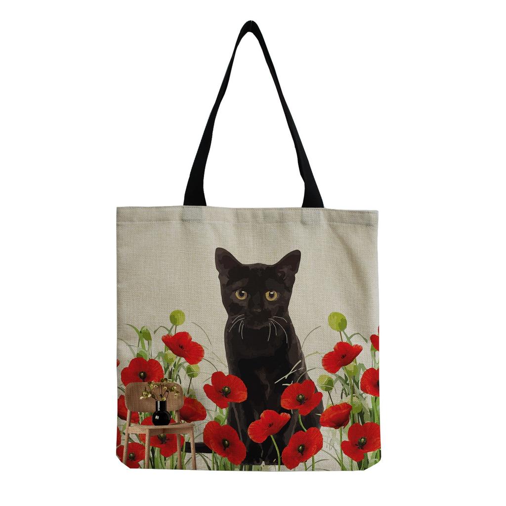 Women Vintage Linen Tote Bag - Large Capacity Cat Print Shoulder Handbag for Casual & Grocery Shopping KTB