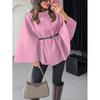 Womens Winter Elegant Wool Blend Cape Coat With Belted Waist Stand Collar