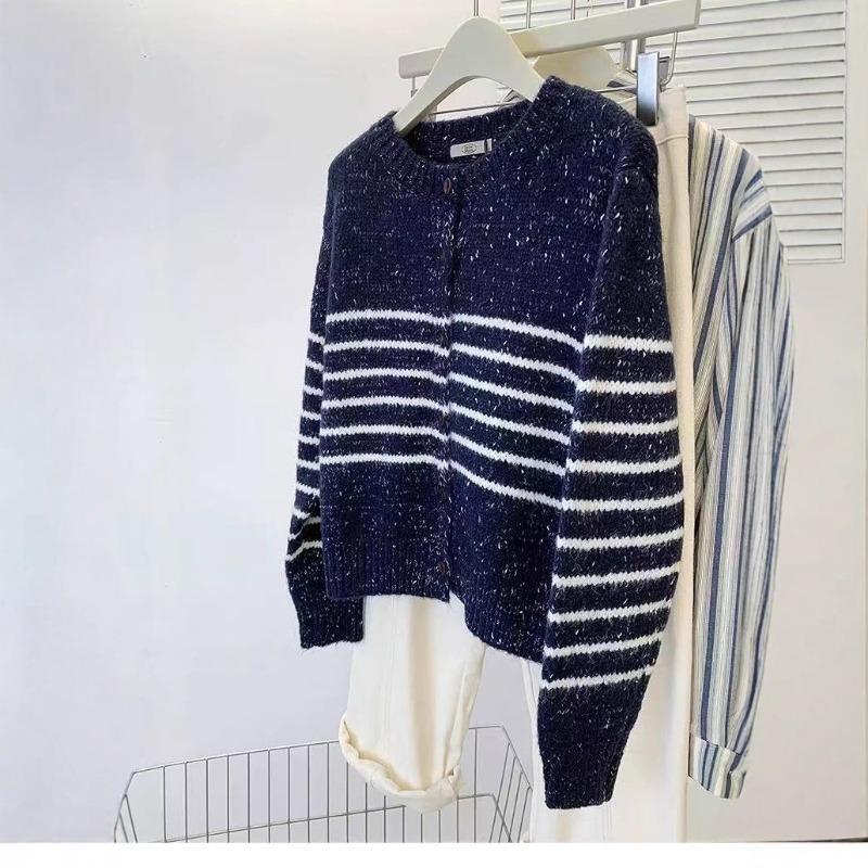 Vintage motley design striped knitted cardigan women's autumn and winter fashion casual small sweater jacket