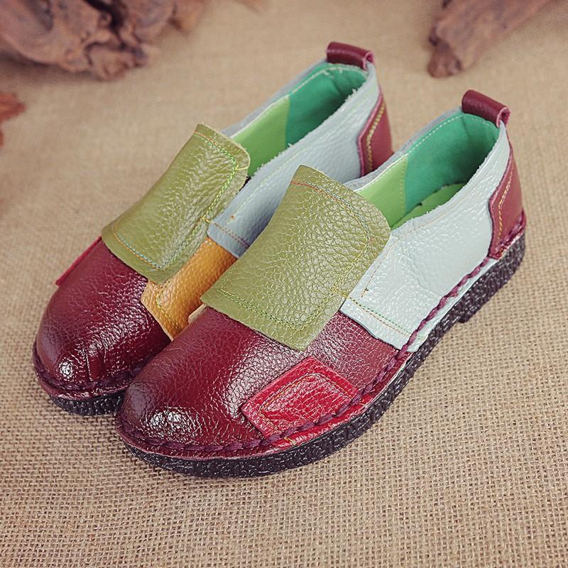 New Flat Women's Shoes Genuine Leather Casual Color-blocking Women's Singles Shoes Middle Mother's Shoes Large Size Shoes