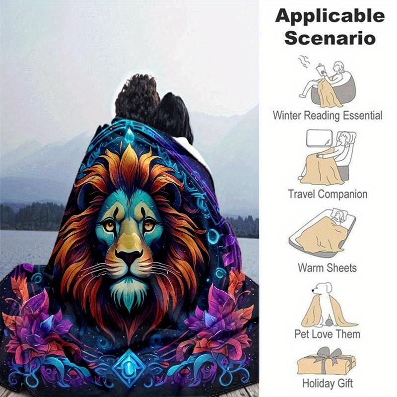 1pc Lion Printing Lightweight Flannel Blanket, Comfortable and Warm Blanket, for Camping Sofa Bed and Couch Office, Gift