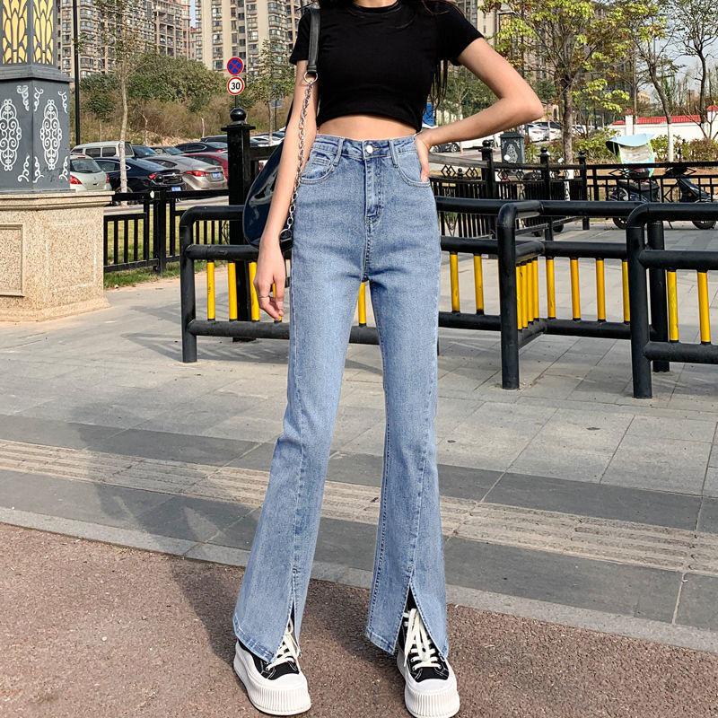 Women s Black High-Waisted Front Slit Stretchy Denim Micro Flare Pants S