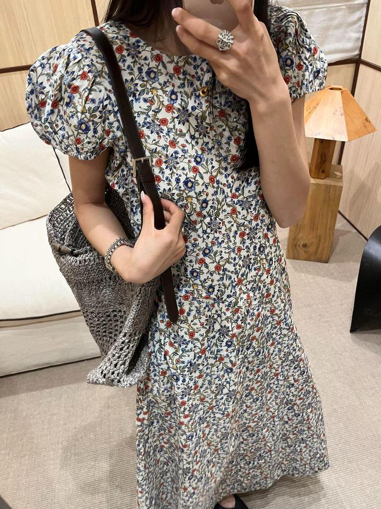 Pastoral Floral Cotton Puff Sleeve Slim Long Dress - Romantic Spring/Summer Women's Wear