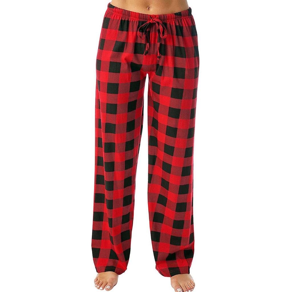 Casual Pants, Elastic Checkered Sleepwear, Loose Drawstring Wide Leg Pants