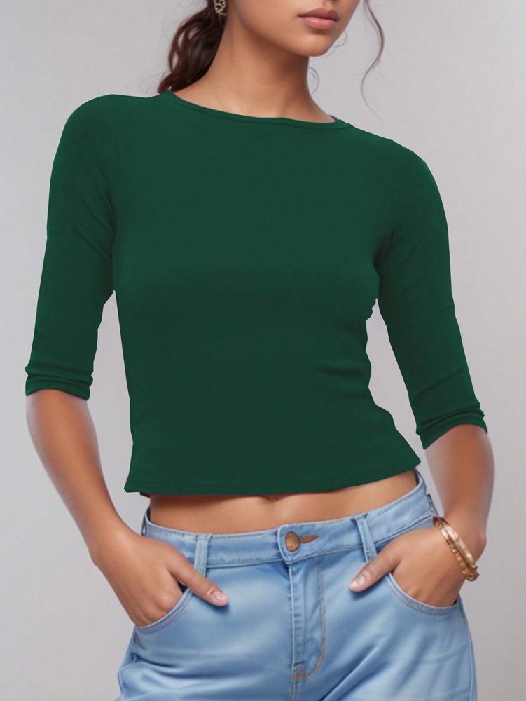 Spring 2025 European American Style Slim Fit Round Neck Y2K Women s T-shirt Extra Large армия зеленый