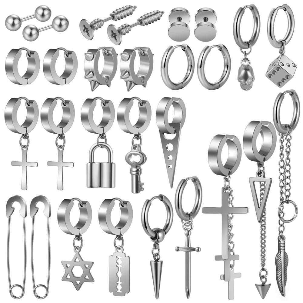 Set di 2 orecchini a cerchio pendenti con catena lunga a croce in acciaio inossidabile per uomo donna Regali Tono Nero/Argento