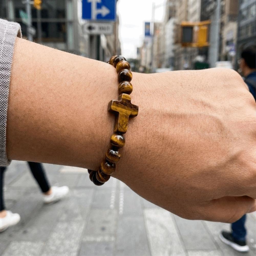 Tiger Eye Beads Cross Bracelet Elastic Rope Rosary Bracelet Vintage Tiger's Eye Bracelet Women