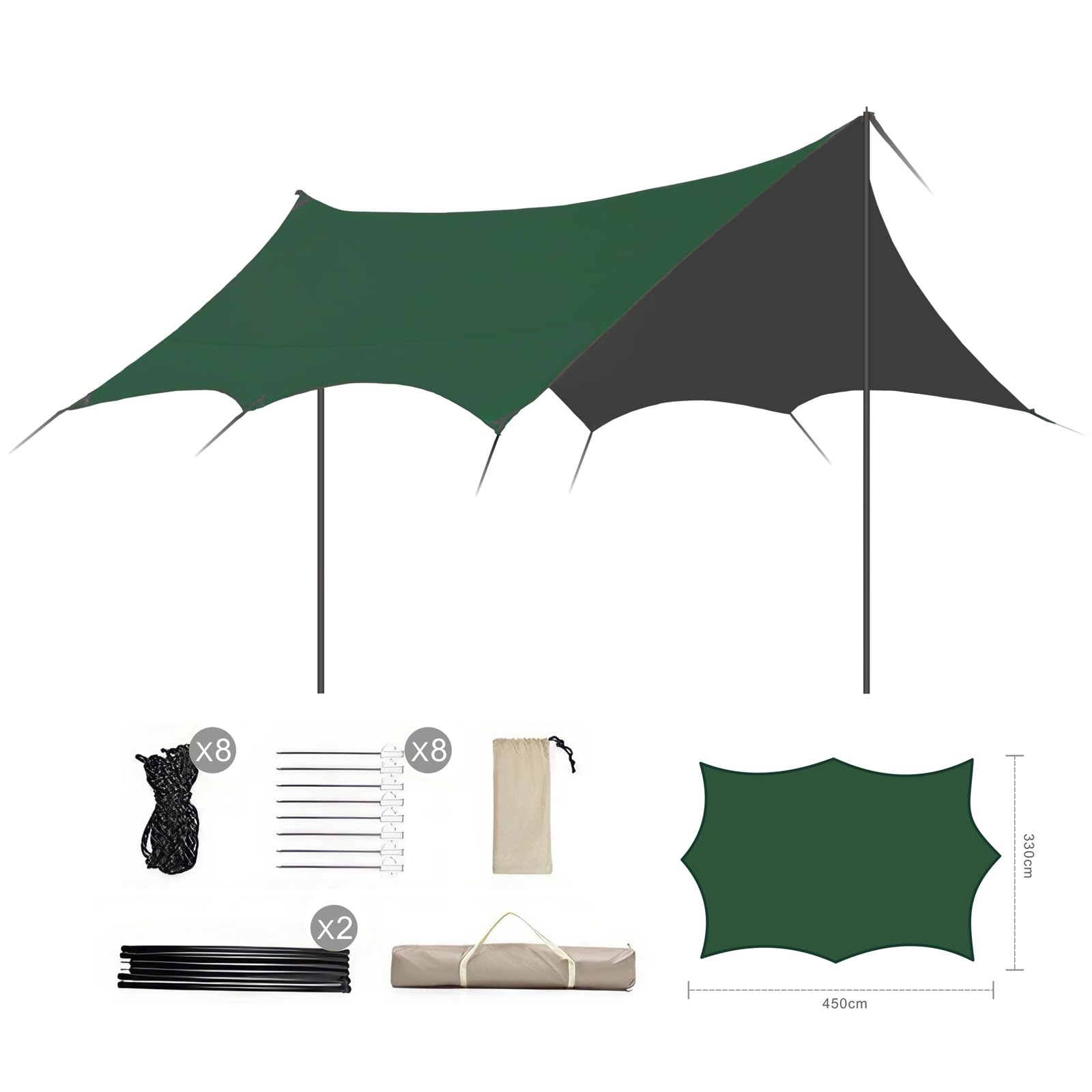 

ShyangLiang брезент для кемпинга, солнцезащитный шестигранный уличный брезент с усиленной черной резиной, водонепроницаемый, с защитой от ультрафиолета, сумка для хранения для кемпинга размером 330 x 450 см, палатка, темно-зеленого