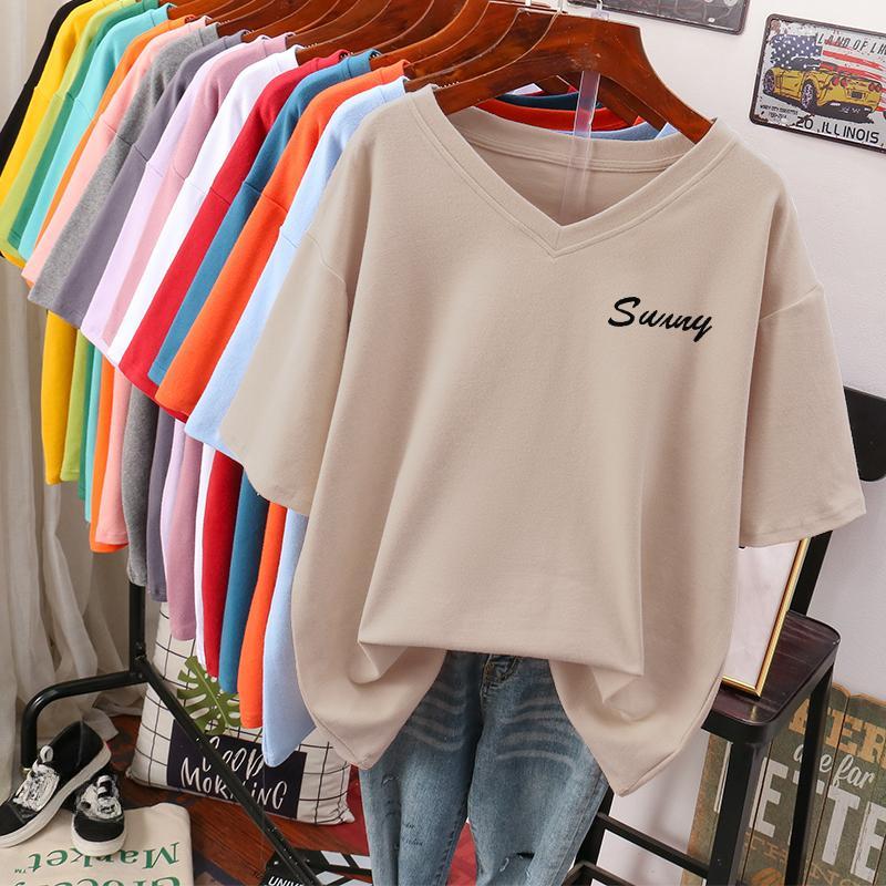 Short-sleeved T-shirt for Women Large Size Loose and Slimming Design Niche Pure Cotton V-neck Top That Covers The Belly