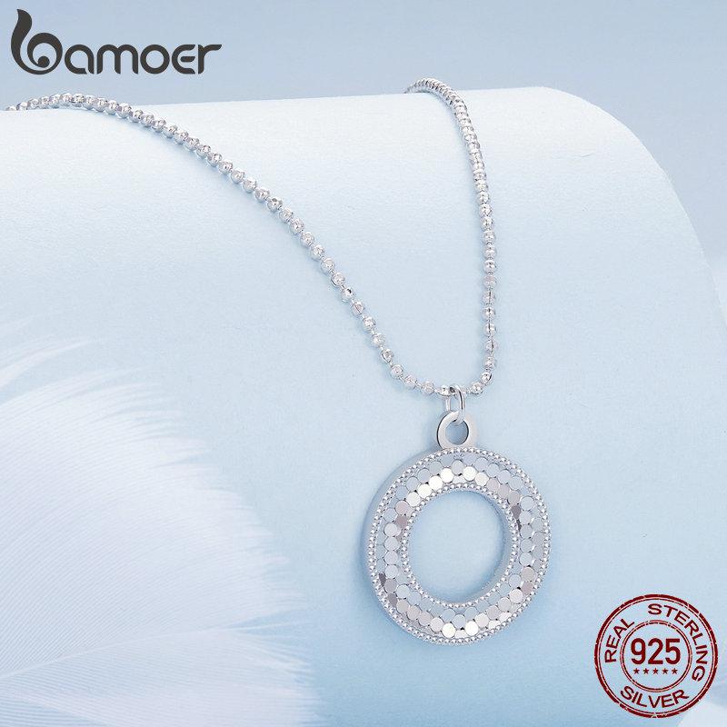 BAMOER 925 Sterling Silver Hollow Circle Pendant Necklace O-Shaped Beads Neck Chain for Women Valentine's Day Gift