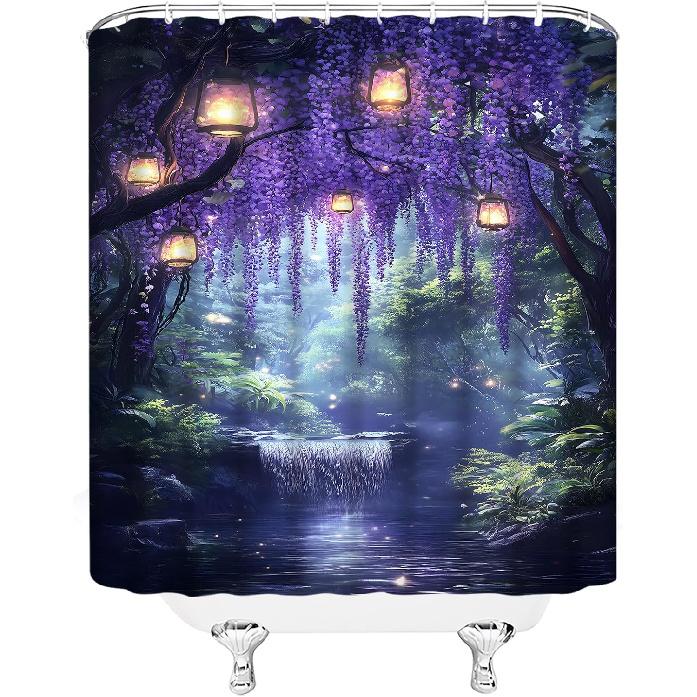 Enchanted Forest Shower Curtain Purple Wisteria Fantasy Garden Waterfall Fairy Tale Nature Scenery Fabric Bathroom Decor Set with Hooks(70" Wx70 H)