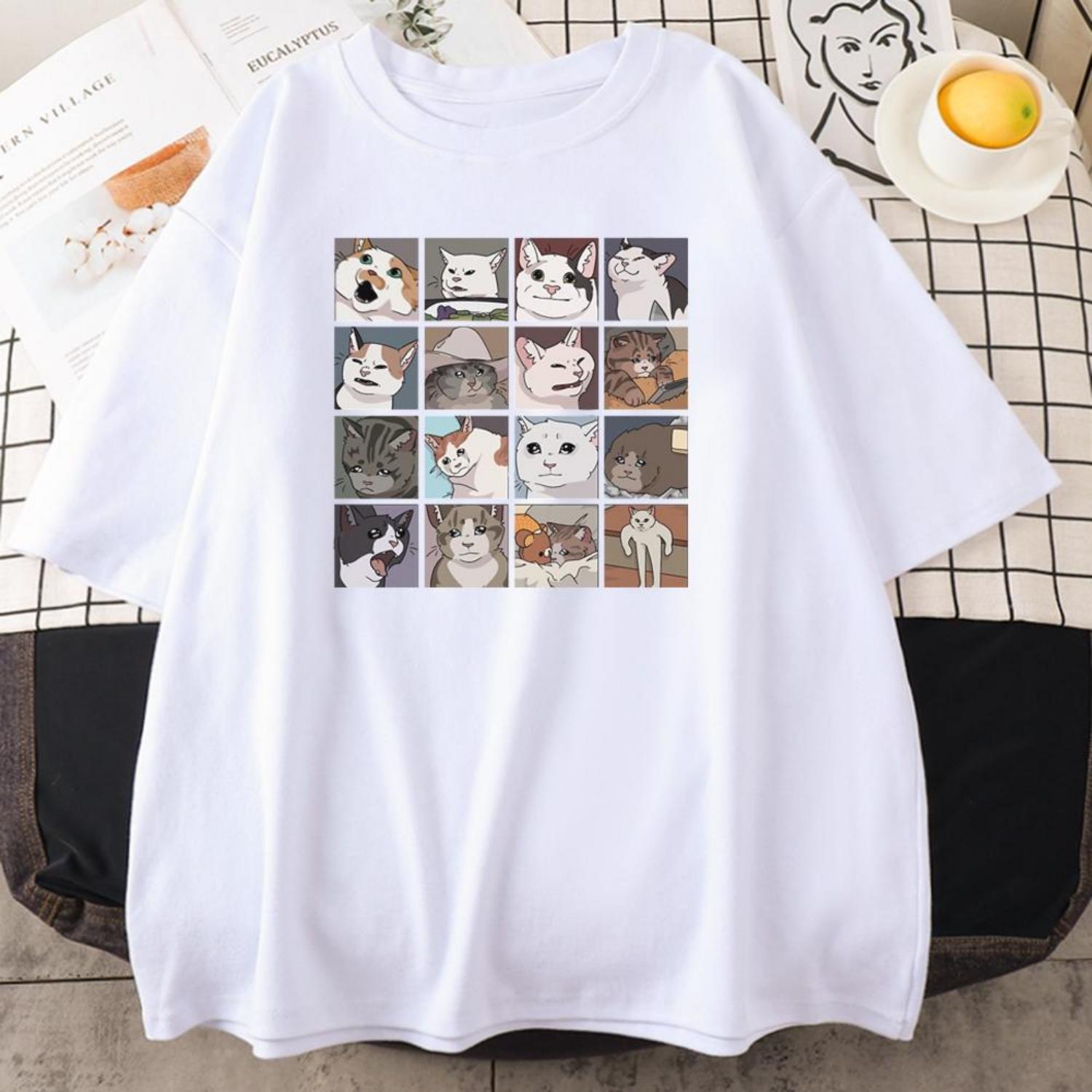 Fashionable Mens Shortsleeved Cat Expression Puzzle Pattern Loose and Casual Comfortable Tshirt S чёрный
