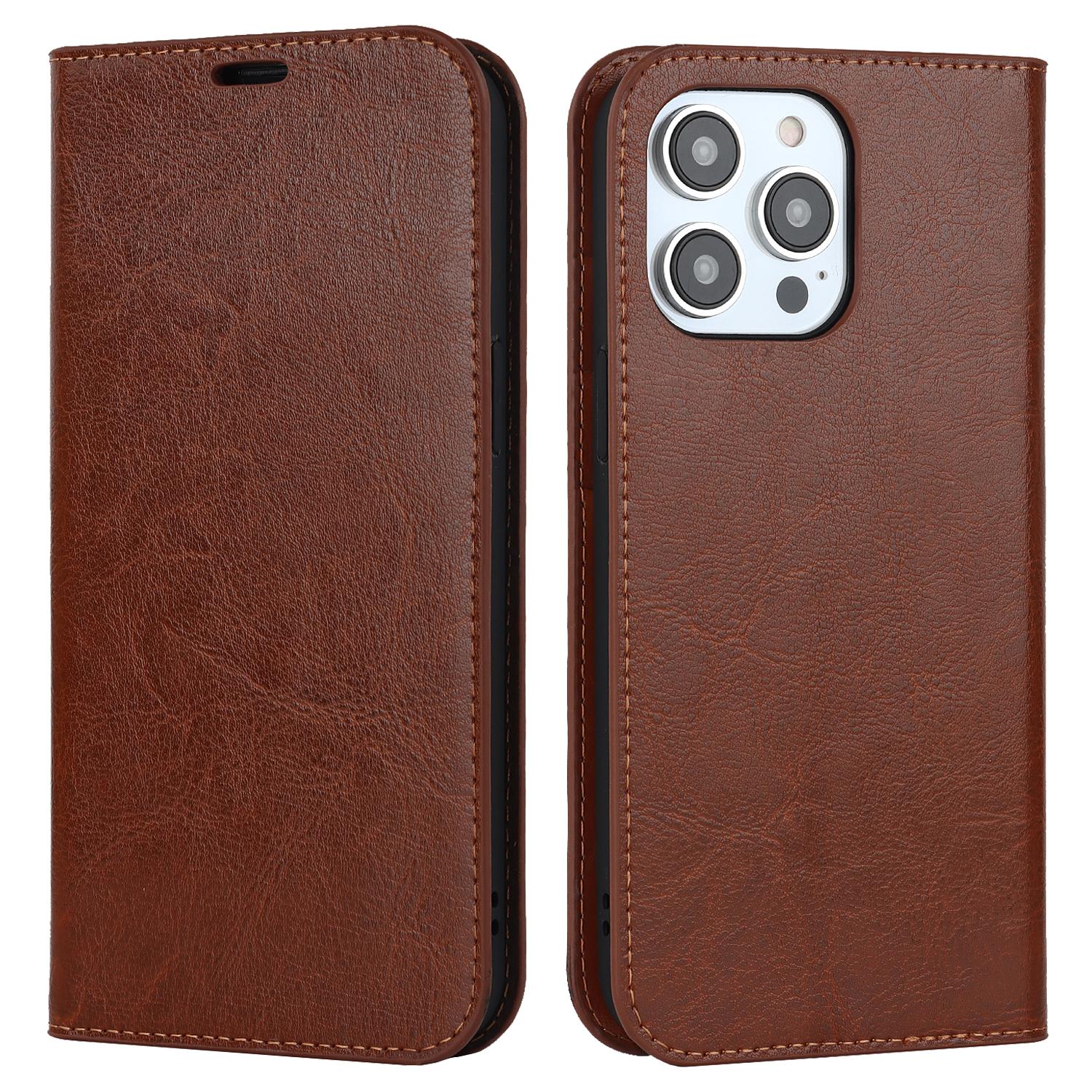 

For iPhone 15 Pro Max Crazy Horse Texture Wallet Phone Cover Genuine Cow Leather Stand Case Light Brown