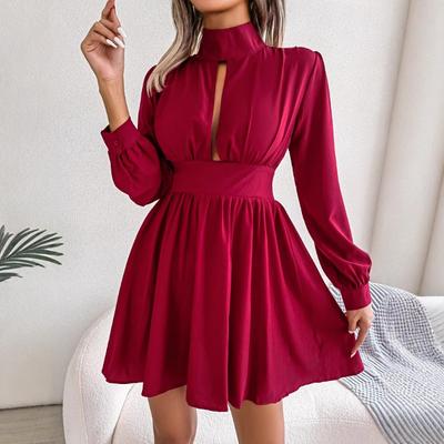 Spring and Summer Sexy Hollow Out A-line Party Short Dress Slim Waist Casual Turtleneck Long Sleeve Evening Dress Streetwear Solid Color Clothing