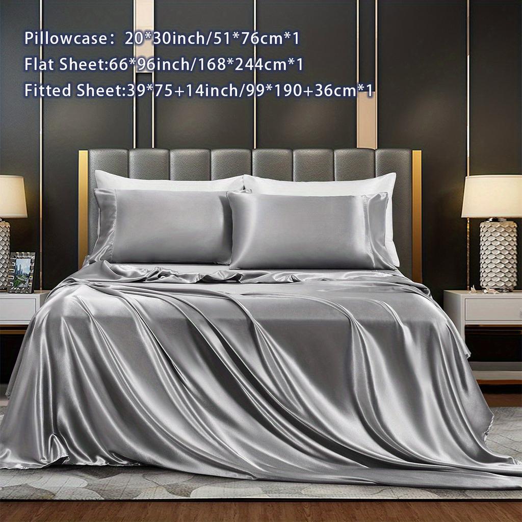 3/4Pcs Luxurious Satin Fitted Sheet Set Soft, Breathable, And Gentle On Skin Includes Flat Sheet, Fitted Sheet,Pillowcases