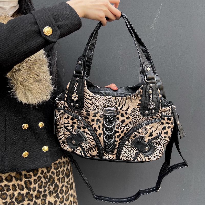 Vintage Leopardenmuster Tragetasche Große Kapazität Mehrere Taschen Vielseitig Schultertasche Umhängetasche Damen Nieten-Design Handtasche