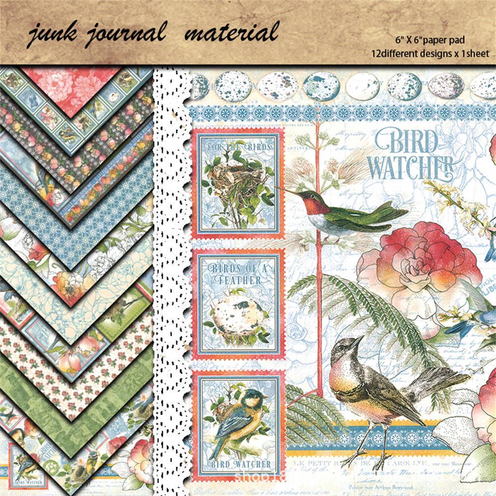 12 Листов Ретро Бумаги с Фонами Птиц и Цветов для Ведения Дневника и Коллажа.
