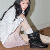 Black rivet belt buckle trouser tube boots women's new autumn pleated stacking boots thick heel thin medium tube short boots