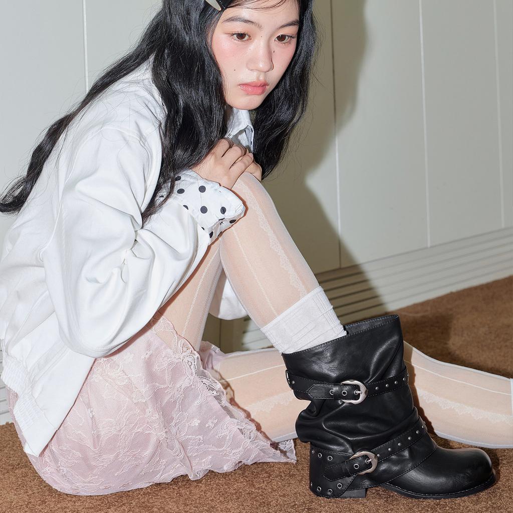 Black rivet belt buckle trouser tube boots women's new autumn pleated stacking boots thick heel thin medium tube short boots