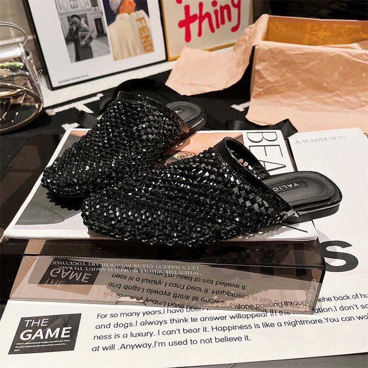 

European goods ins super fire rhinestone full diamond metal fishing net bag head half slippers flat bottom lazy women sandals slippers 35