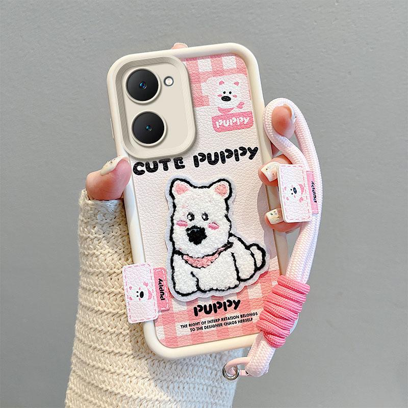 KEYSION Cartoon Cute Plush Embroidery Case for VIVO Y03 Y03t with Lanyard Silicone Shockproof Phone Cover for VIVO Y18 Y28s 5G