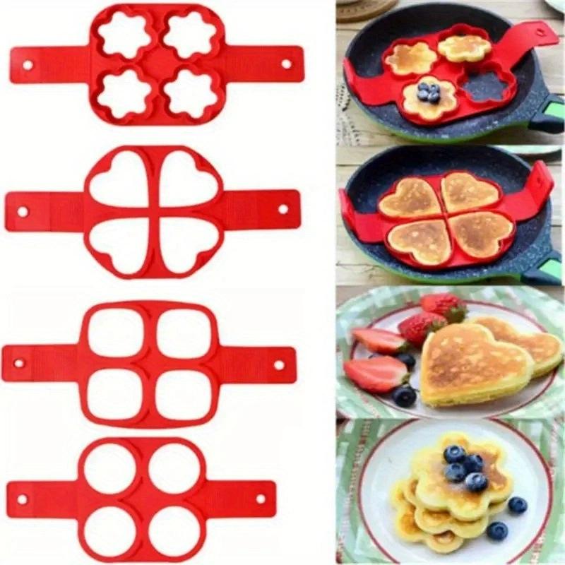 4-Cavity Silicone Pancake Mold Set - Heart/Flower/Square Shapes Egg Ring Non-Stick Baking Tool Cooking Accessories