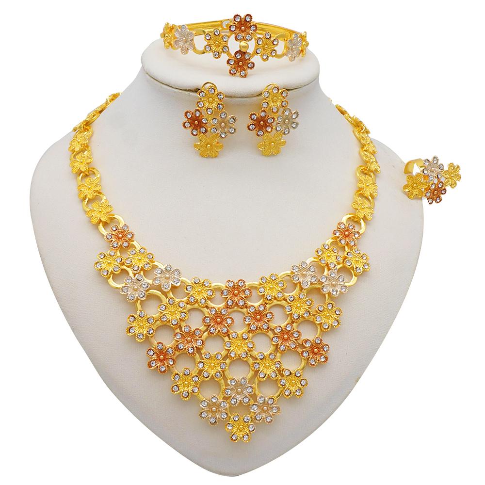 Dubai Gold Color Jewelry Sets African Indian Wedding Bridal Wife Gifts Necklace Bracelet Earrings Ring Jewelery For Women