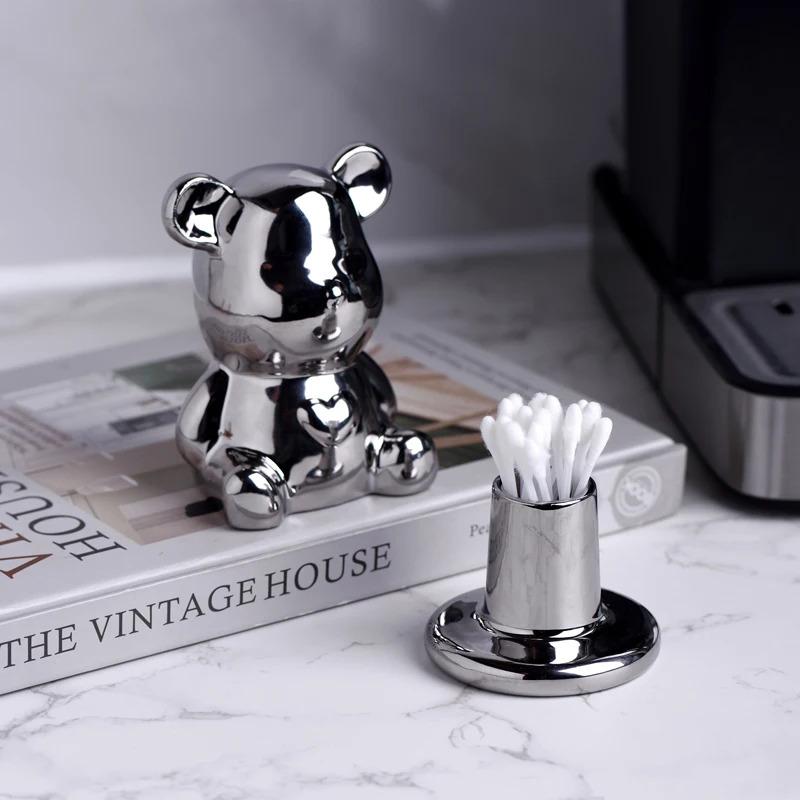 1 Piece of Ceramic Toothpick Holder, Cute Shaped Cotton Toothpick Holder with a Caring Teddy Bear, Fashionable Home Decoration,
