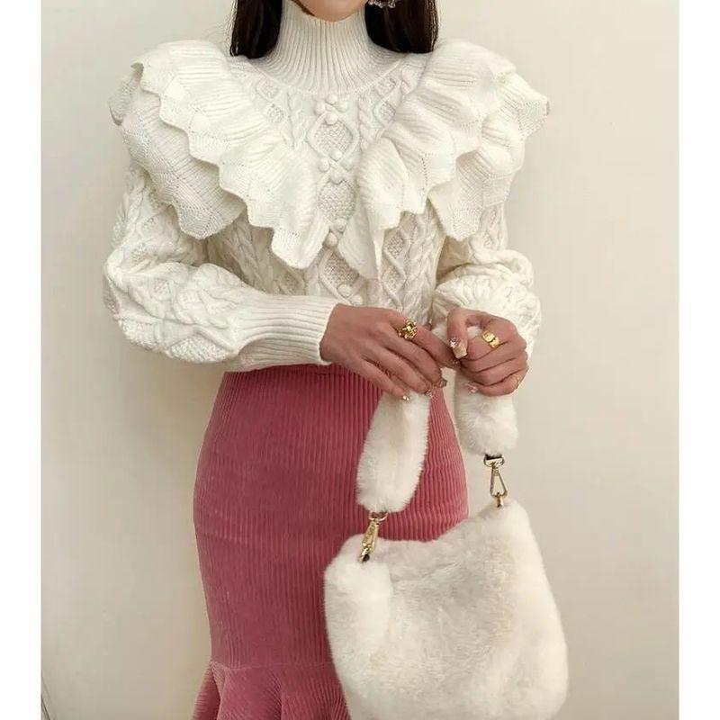 

Loose Solid Color Sweater with Ruffle Edge Frill Loose Solid Sweater Beige Top One size