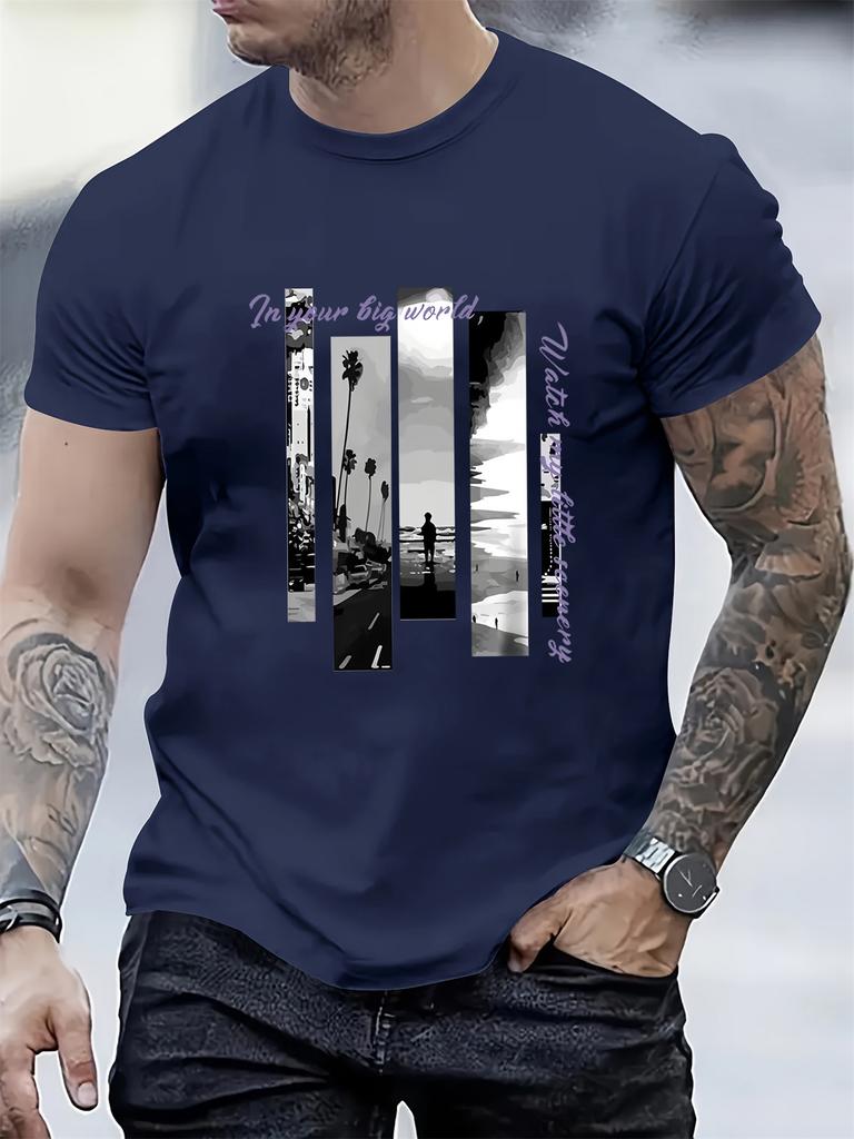 2026 Unisexs Summer 100 Cotton Casual Sports Loose Landscape Pattern Printed Round Neck Short Sleeve Outdoor Tshirt Daily Top