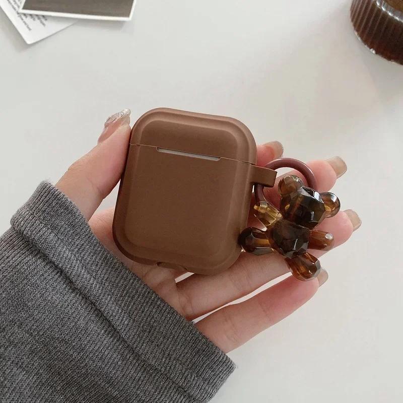 Fashion Chocolate Khaki Case For Apple Airpods Pro Case Soft Silicone Earphone Cover For Airpods 4 3 2 1 Case With Bear Keychain