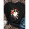 European Sizes Women's Soft Breathable Flower & Heart Print Short Sleeve T-Shirt - Casual Round Neck Blouse Top Suitable for Daily Wear
