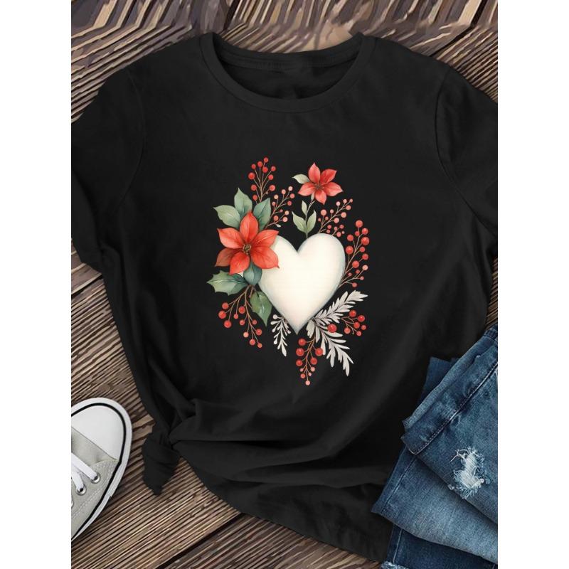 European Sizes Women's Soft Breathable Flower & Heart Print Short Sleeve T-Shirt - Casual Round Neck Blouse Top Suitable for Daily Wear