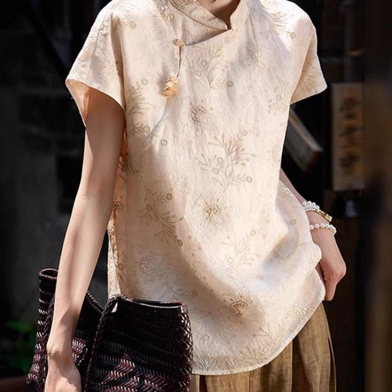 Women Floral Embroidery Mandarin Collar Short Sleeve Qipao Style Blouse M