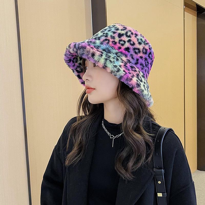 Dye Leopard Tie Print Plush Retro Fisherman Hat Thickened Warm Accessories Girl